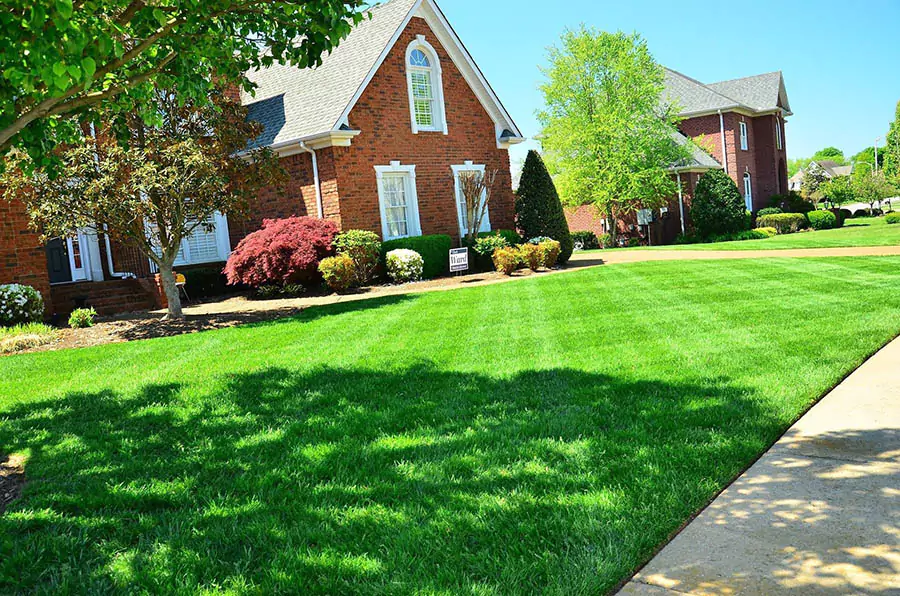 Brick house with green lush lawn