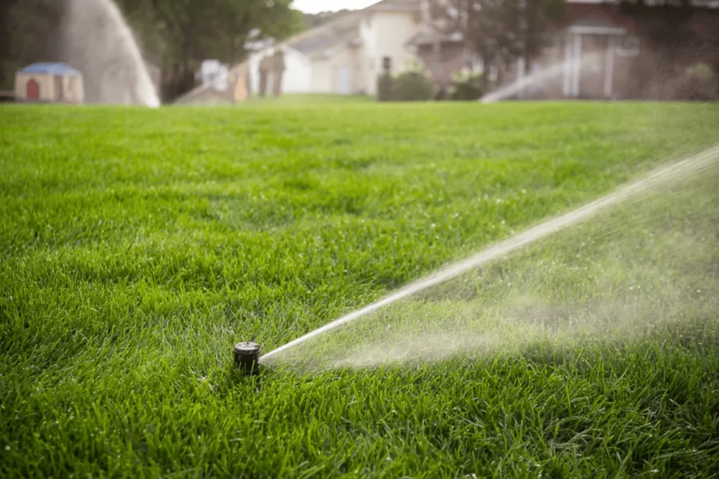 Watering with sprinkler system in a green lawn