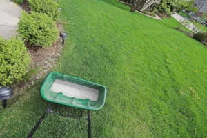 Close-up view of a lawn spreader applying fertilizer to a green lawn, highlighting the comparison between DIY and professional lawn fertilization and weed control in Indianapolis.