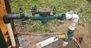 Leaking backflow prevention device with water spraying from a damaged pipe in an outdoor irrigation system