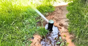 Leaking sprinkler head causing lawn water puddle – common sprinkler system issue needing repair in Indianapolis