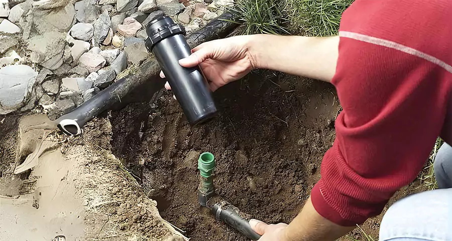 Technician replacing sprinkler head during lawn irrigation system repair to fix uneven watering in Indianapolis backyard