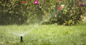 Lawn sprinkler system spraying water on healthy green grass in a landscape with blooming flowers in the background