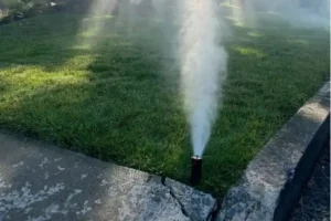 Sprinkler head spraying mist on a lawn near cracked concrete edge, showing potential damage from freezing temperatures in an underground irrigation system.