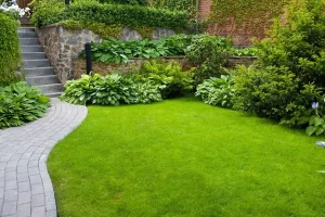 Well-maintained green lawn with curved stone walkway, lush shrubs, and tiered landscaping near a brick and stone retaining wall.
