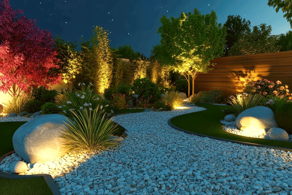 Beautifully lit backyard landscape with pathway lighting, decorative rocks, vibrant trees, and LED accent lights creating a warm nighttime outdoor ambiance.