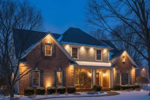 Home exterior illuminated with outdoor lighting during winter, showing protected fixtures in snowy conditions