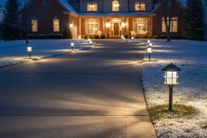 Snow-covered driveway with durable pathway lighting illuminating a home entrance during winter in Indianapolis, IN, showcasing outdoor lighting built to withstand cold temperatures.