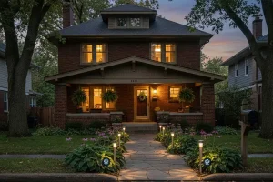 Pathway lighting design installed at an Indianapolis home showcasing warm outdoor lighting along a front walkway for safety, curb appeal, and evening visibility.