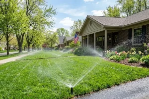 Spring irrigation system startup in Indianapolis with lawn sprinkler system watering residential yard and landscape for healthy grass growth