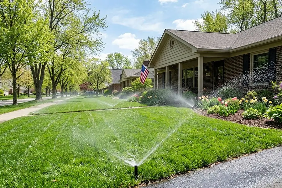 Spring irrigation system startup in Indianapolis with lawn sprinkler system watering residential yard and landscape for healthy grass growth