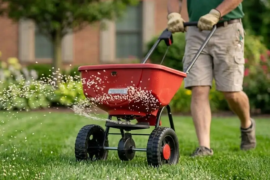 A lawn care professional walks across a green residential lawn using a broadcast spreader to evenly distribute fertilizer, helping strengthen grass growth and support lawn recovery after winter stress.