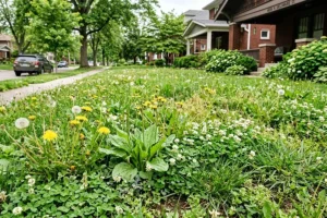 Weed-infested lawn with dandelions and clover in Indianapolis yard showing patchy grass and common lawn care problems requiring proper weed identification