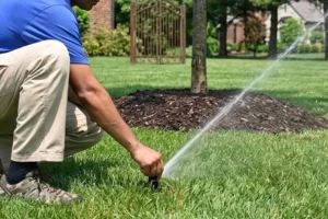 Technician adjusting sprinkler head during irrigation system inspection for efficient lawn watering in residential yard