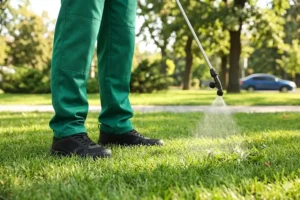 Applying pre-emergent herbicide on lawn in Indiana to prevent weeds and promote healthy grass growth