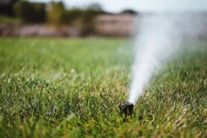 sprinkler head spraying water on green lawn with low pressure mist indicating irrigation system leak or pressure problem in residential yard