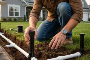 Technician installing automatic lawn sprinkler system with underground irrigation pipes in residential yard in Indianapolis
