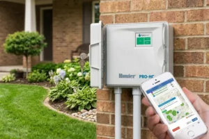 Smart Wi-Fi sprinkler controller installed outside Indianapolis home for efficient lawn irrigation and water-saving smart sprinkler management