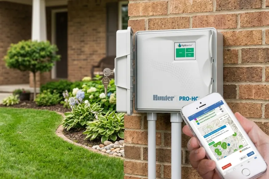 Smart Wi-Fi sprinkler controller installed outside Indianapolis home for efficient lawn irrigation and water-saving smart sprinkler management