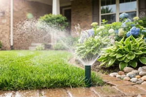 Residential sprinkler system watering a landscaped front yard in Indianapolis with properly planned irrigation zones for healthy grass and efficient water coverage