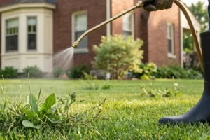 Homeowner applying weed control treatment to an Indianapolis lawn using a handheld sprayer, showing pre-emergent and post-emergent weed control for healthy green grass and seasonal lawn care maintenance