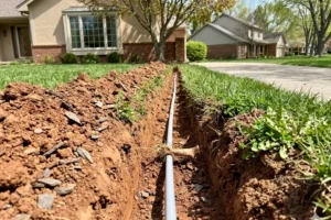 Underground sprinkler pipe installation in Indianapolis clay soil showing trench depth, irrigation layout planning, and proper drainage preparation for residential lawn systems