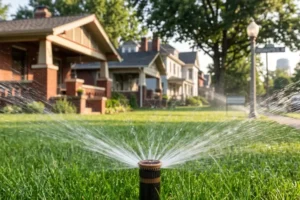 Automatic lawn sprinkler spraying water across a healthy residential yard to protect grass from summer heat stress in Indianapolis