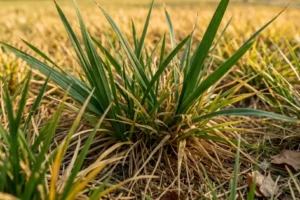Yellowing tall fescue grass showing heat stress and thinning turf in an Indianapolis residential lawn