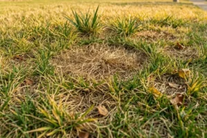 Circular brown patch fungus spreading through tall fescue lawn in Indianapolis Indiana residential yard