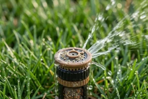 Clogged sprinkler nozzle causing weak spray pattern and uneven lawn watering in an Indianapolis irrigation system