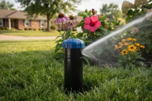 Smart irrigation controller watering a flower bed in Indianapolis, IN, showcasing an efficient sprinkler system that improves water conservation and supports healthy landscape plants.