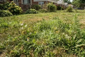 A residential lawn with widespread summer weeds growing among thinning grass, including broadleaf weeds, dandelions, and grassy weeds, illustrating an overgrown yard that needs professional weed control and lawn care.
