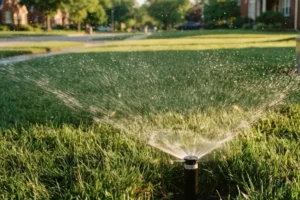 The image shows a lawn sprinkler actively watering a healthy green residential lawn. The wide, even spray pattern highlights proper irrigation coverage, making the image well suited for content about watering a lawn after fertilizer application.