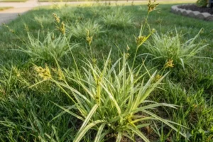 Nutsedge growing taller than surrounding lawn grass in an Indianapolis yard.