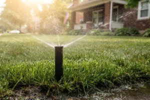 Indianapolis residential sprinkler system watering a lawn with excess water pooling near the grass.