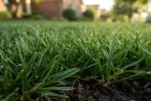 Close-up of healthy, dew-covered green lawn in The Colony, TX with a well-watered sprinkler system
