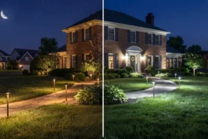 Before-and-after split image of a brick colonial home showing warm pathway landscape lighting at night vs. a fuller lit exterior with lighted walkway, shrubs, and architectural accents
