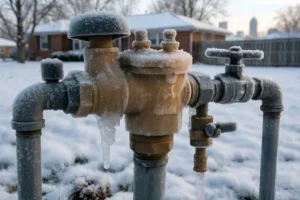 Frost-covered irrigation backflow preventer with icicles in a snowy Indianapolis yard, highlighting the risk of frozen sprinkler pipes during winter.