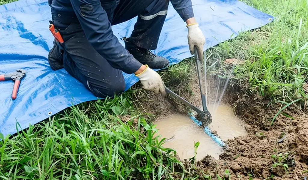 Technician repairing a broken underground sprinkler pipe during irrigation maintenance in Indianapolis, IN