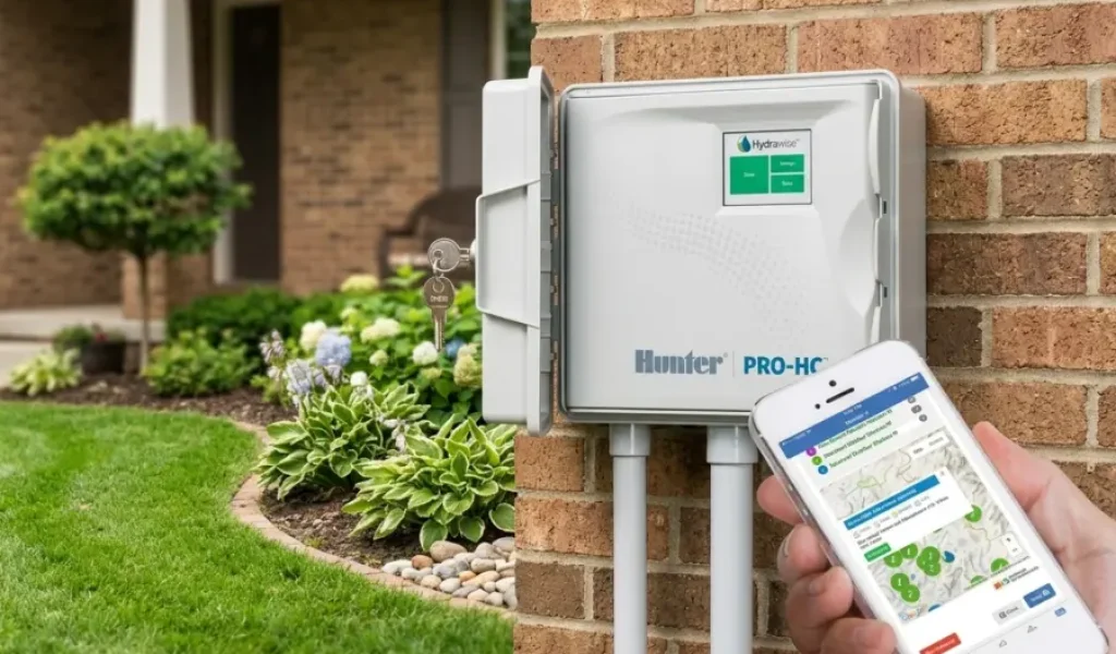 Smart Wi-Fi sprinkler controller installed outside Indianapolis home for efficient lawn irrigation and water-saving smart sprinkler management
