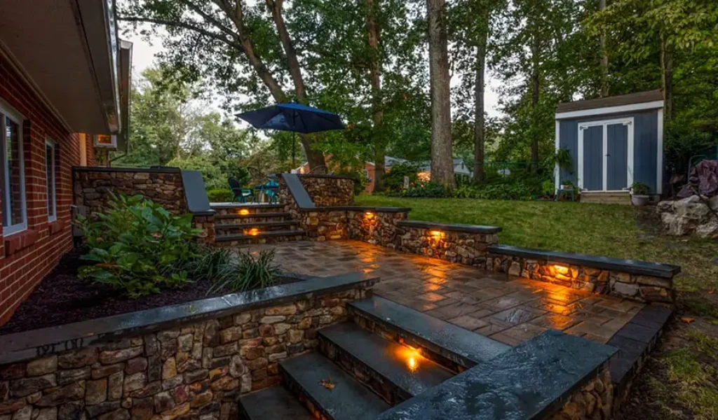 Landscape lighting installed on stone walkway and steps to improve safety at a residential home in Indianapolis