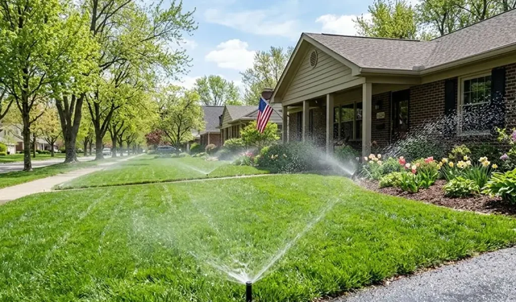 Spring irrigation system startup in Indianapolis with lawn sprinkler system watering residential yard and landscape for healthy grass growth