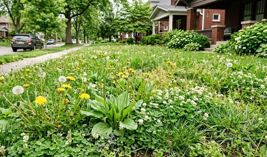 Weed-infested lawn with dandelions and clover in Indianapolis yard showing patchy grass and common lawn care problems requiring proper weed identification