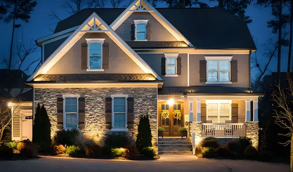 Custom architectural outdoor lighting illuminating a two-story home in Indianapolis at night