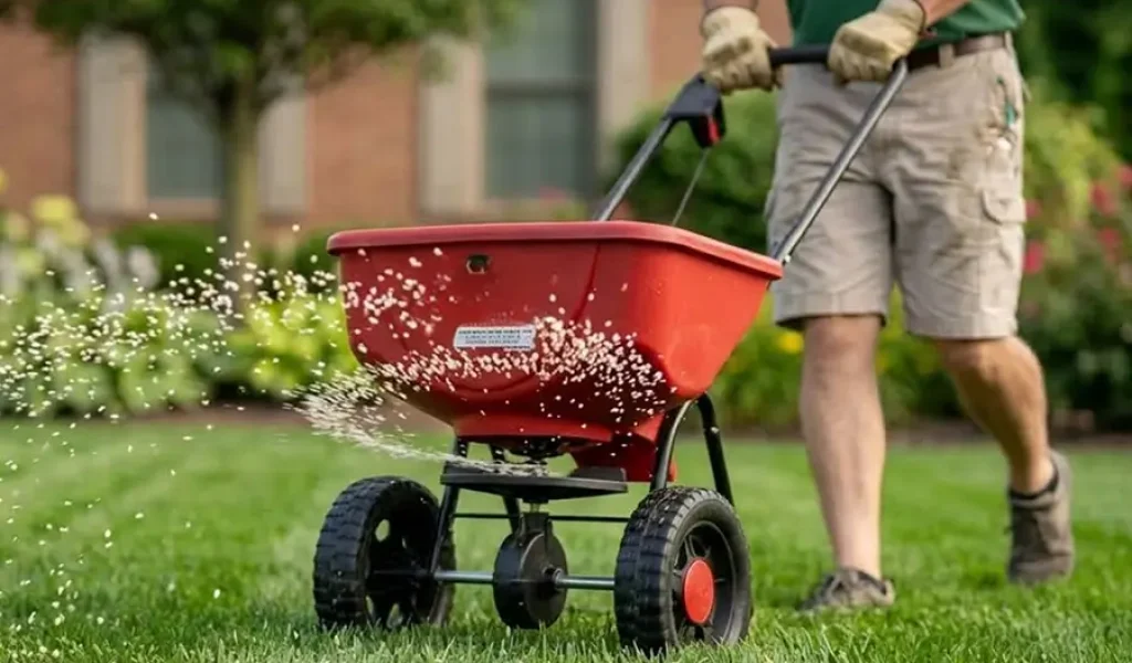 A lawn care professional walks across a green residential lawn using a broadcast spreader to evenly distribute fertilizer, helping strengthen grass growth and support lawn recovery after winter stress.