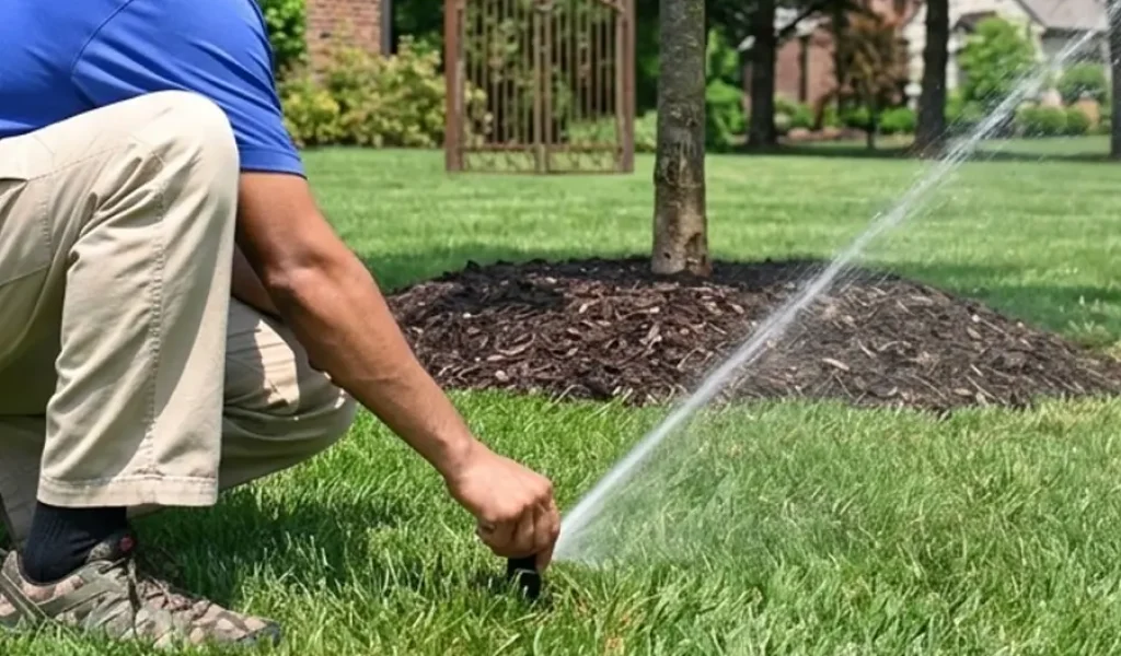 Technician adjusting sprinkler head during irrigation system inspection for efficient lawn watering in residential yard