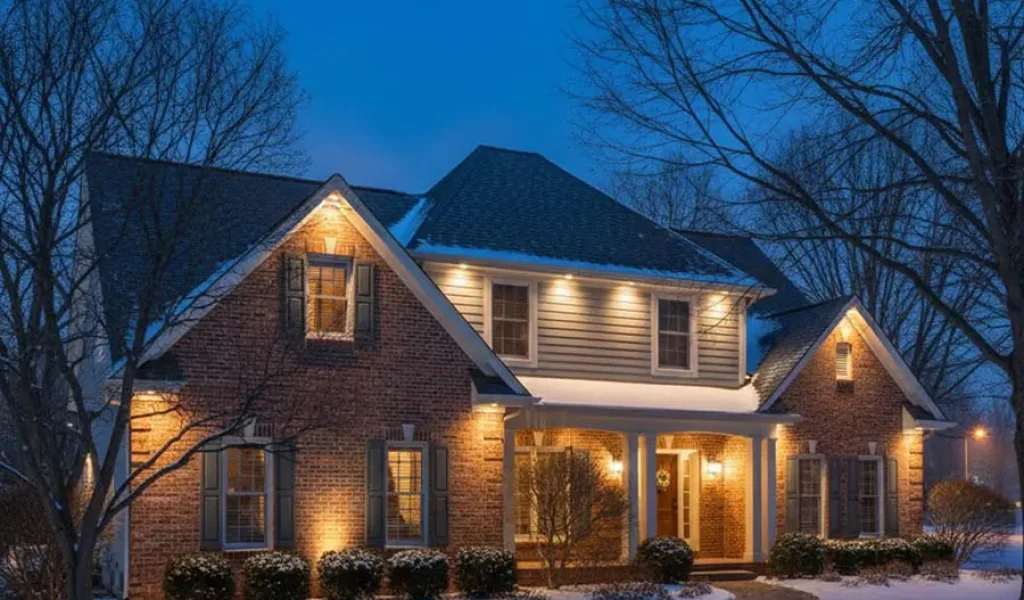 Home exterior illuminated with outdoor lighting during winter, showing protected fixtures in snowy conditions