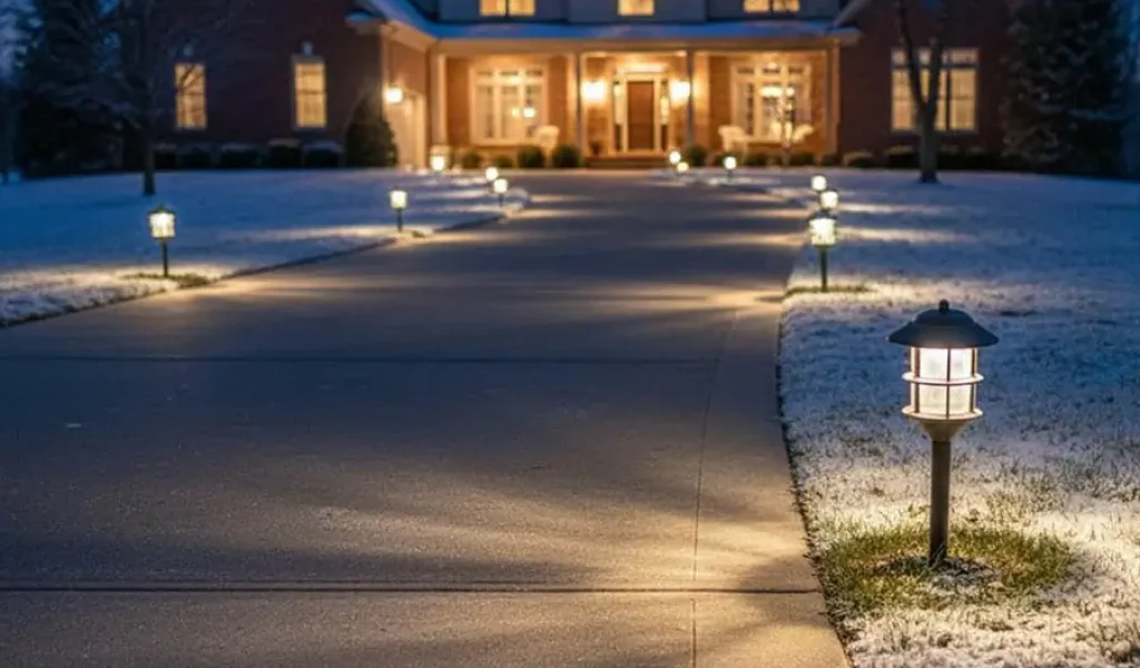 Snow-covered driveway with durable pathway lighting illuminating a home entrance during winter in Indianapolis, IN, showcasing outdoor lighting built to withstand cold temperatures.