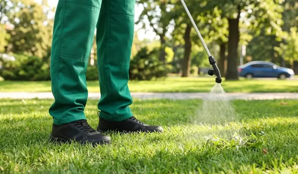 Applying pre-emergent herbicide on lawn in Indiana to prevent weeds and promote healthy grass growth