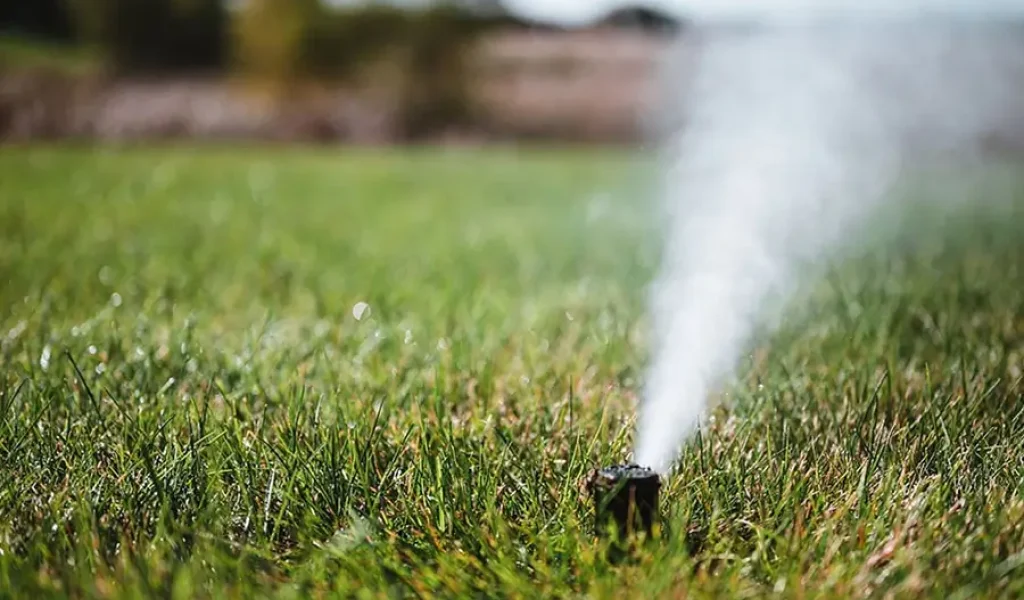 sprinkler head spraying water on green lawn with low pressure mist indicating irrigation system leak or pressure problem in residential yard